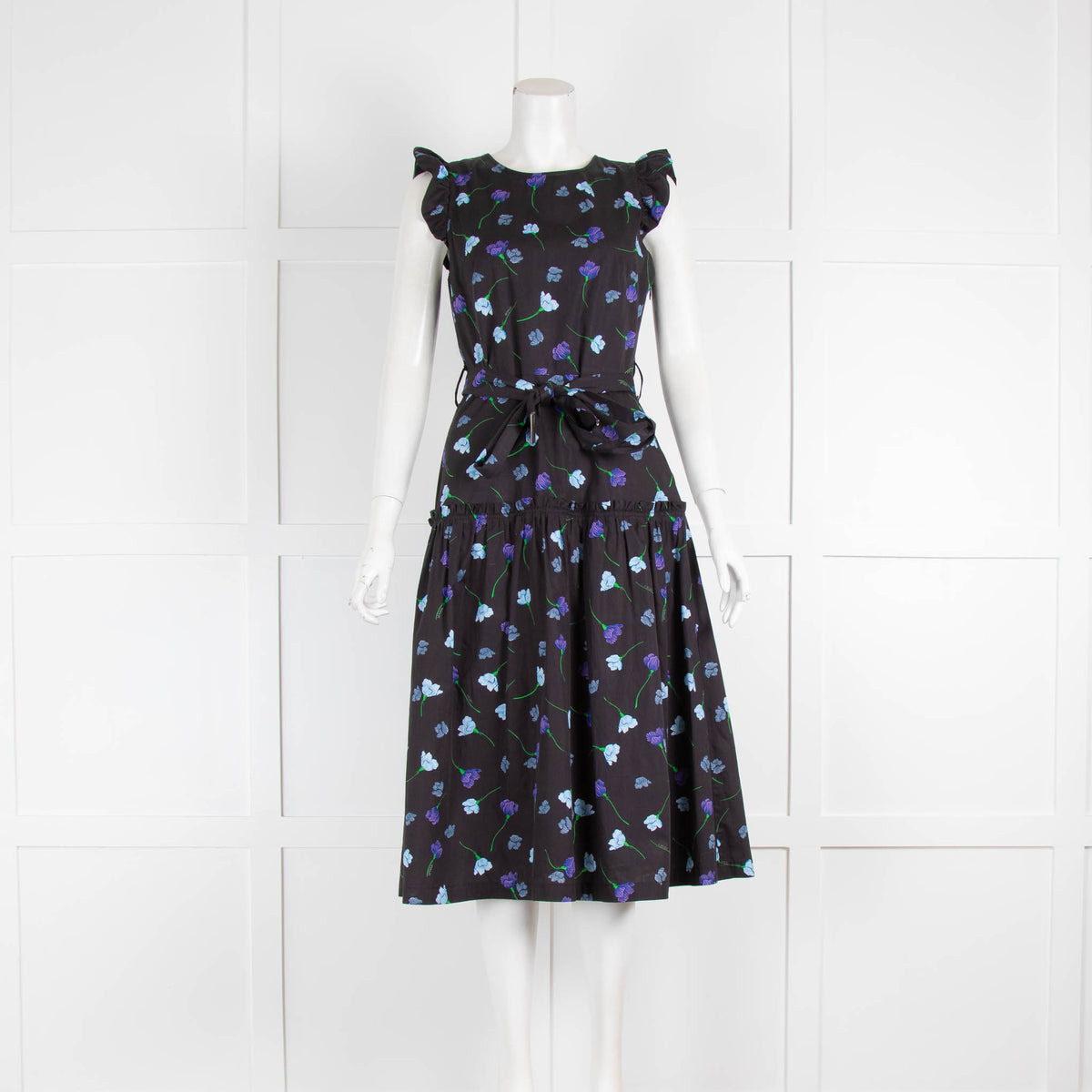 Markus Lupfer Black Blue Floral Cotton Midi Dress