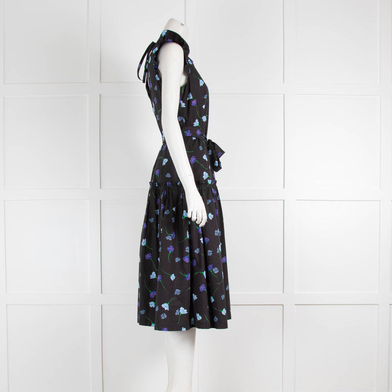 Markus Lupfer Black Blue Floral Cotton Midi Dress