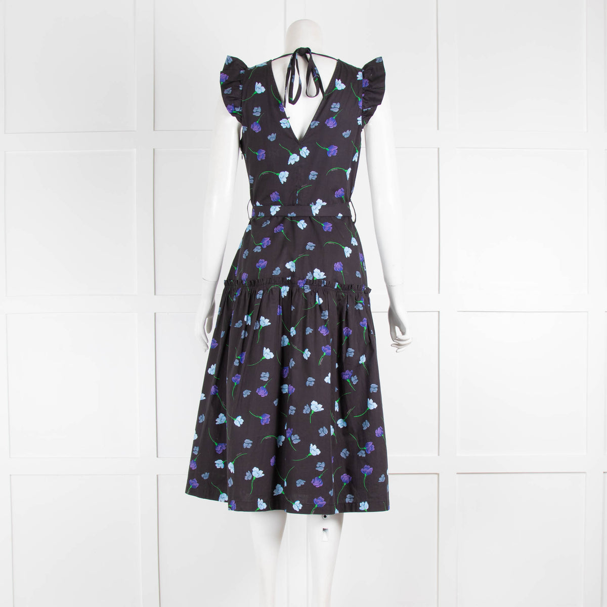 Markus Lupfer Black Blue Floral Cotton Midi Dress