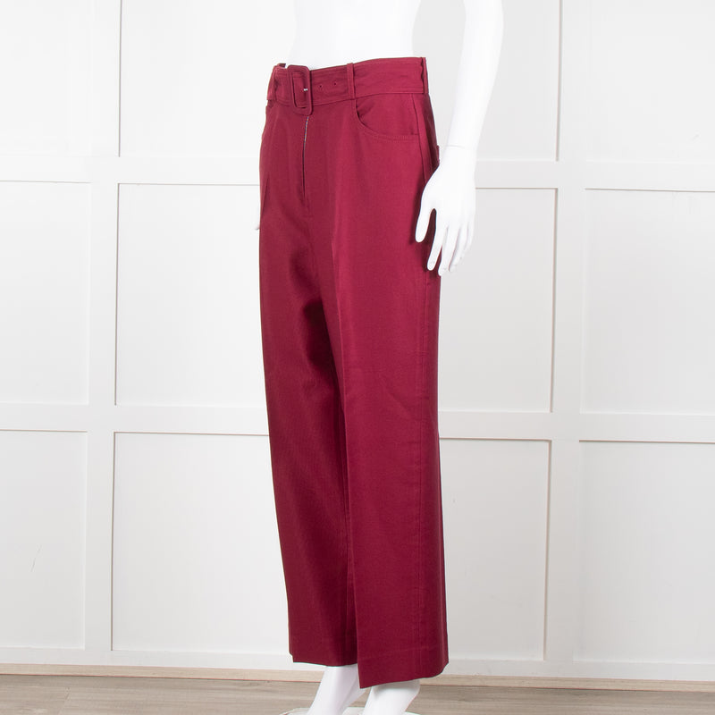 Sandro Burgundy Wide Leg Belted Trousers