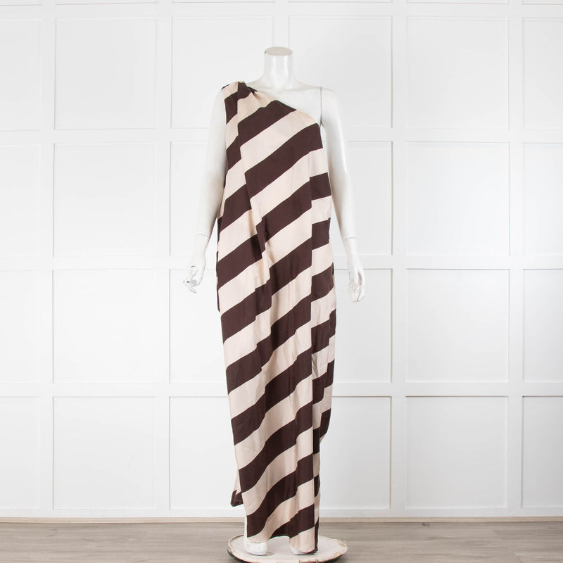 La Double J Brown Stripe Silk One Shoulder Long Dress