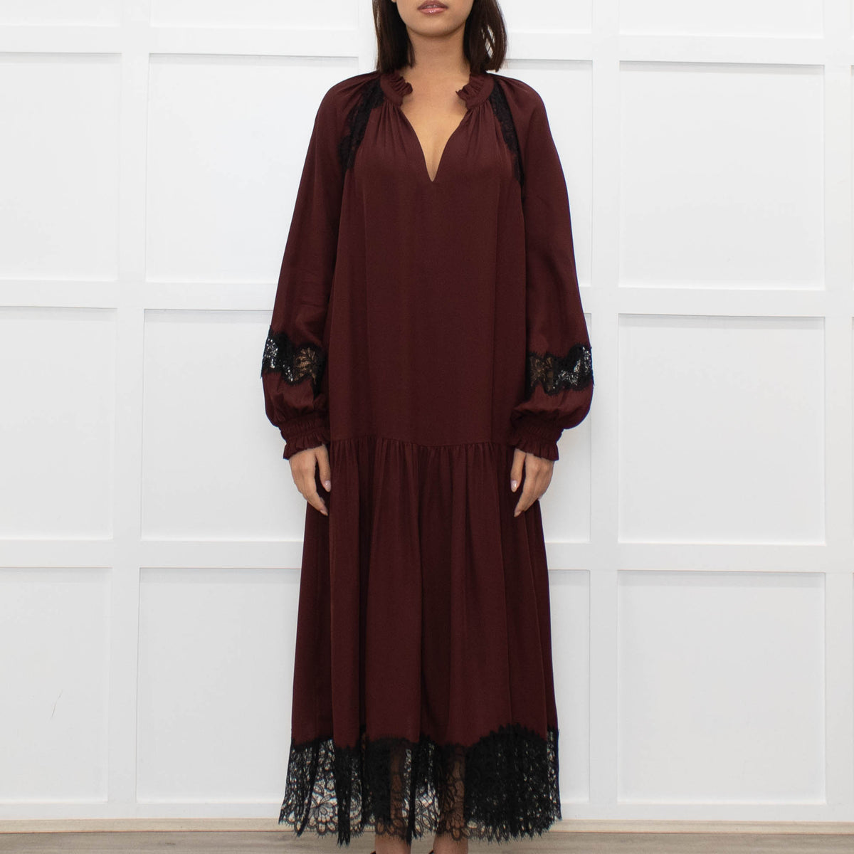 Me + Em Burgundy Lace And Silk Midi Dress