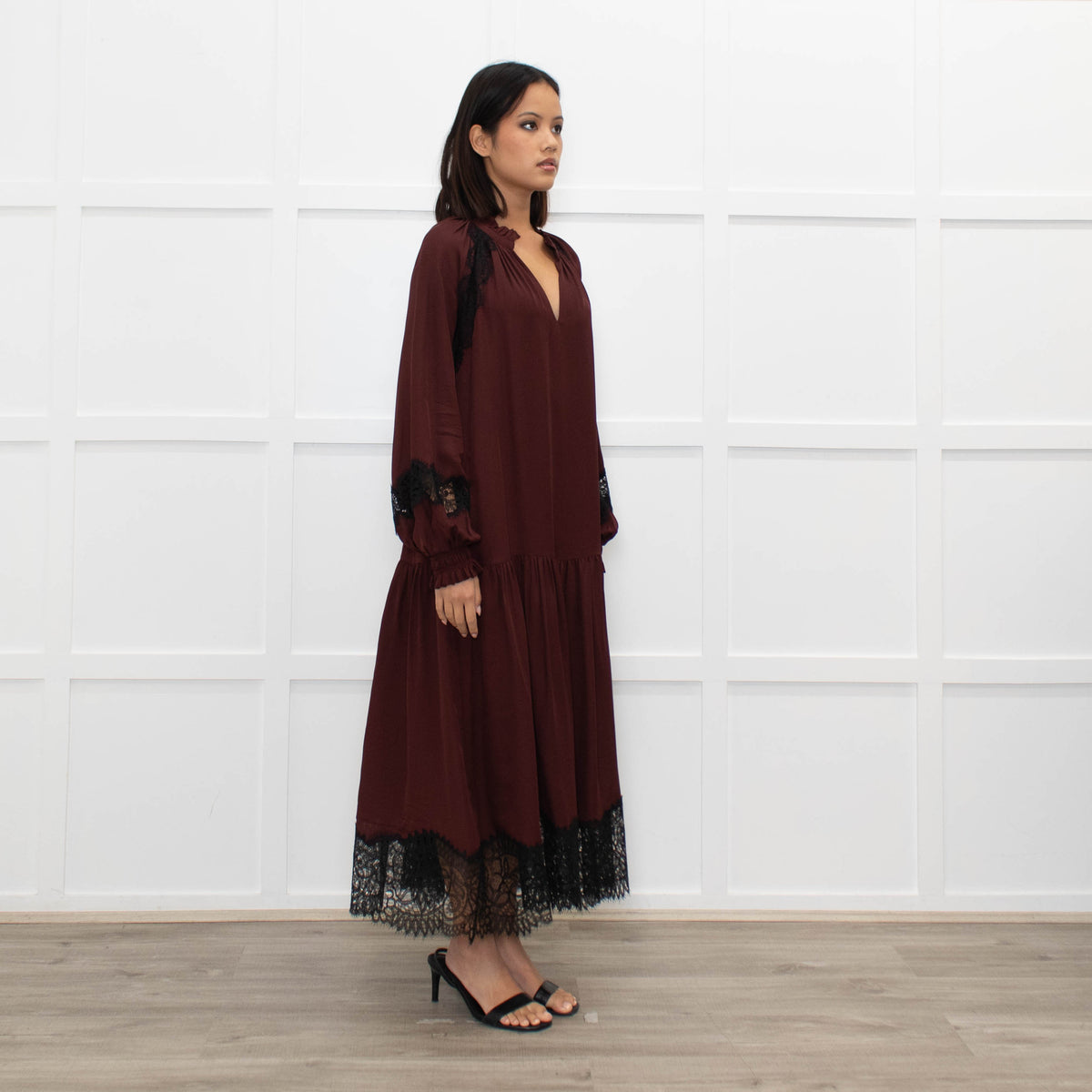 Me + Em Burgundy Lace And Silk Midi Dress