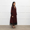 Me + Em Burgundy Lace And Silk Midi Dress