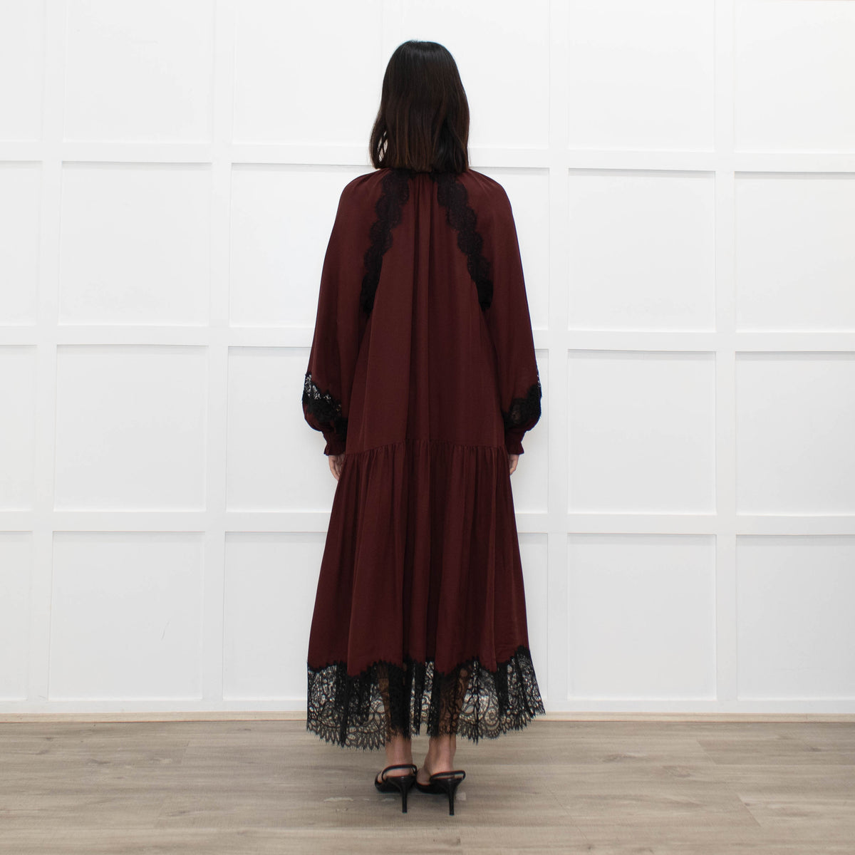 Me + Em Burgundy Lace And Silk Midi Dress