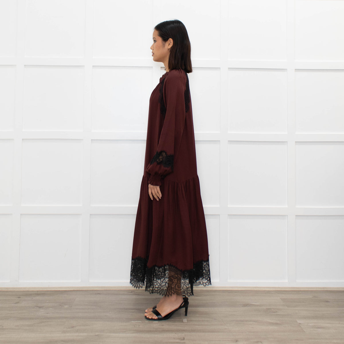 Me + Em Burgundy Lace And Silk Midi Dress