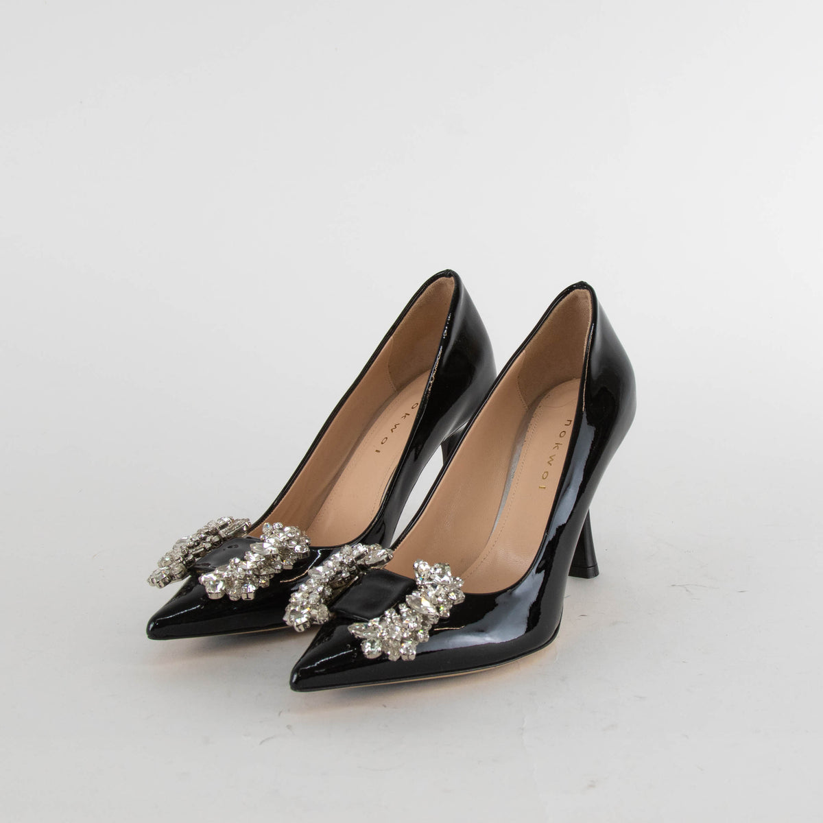 Nokwol Black Patent Pointed Toe Crystal Stilettos