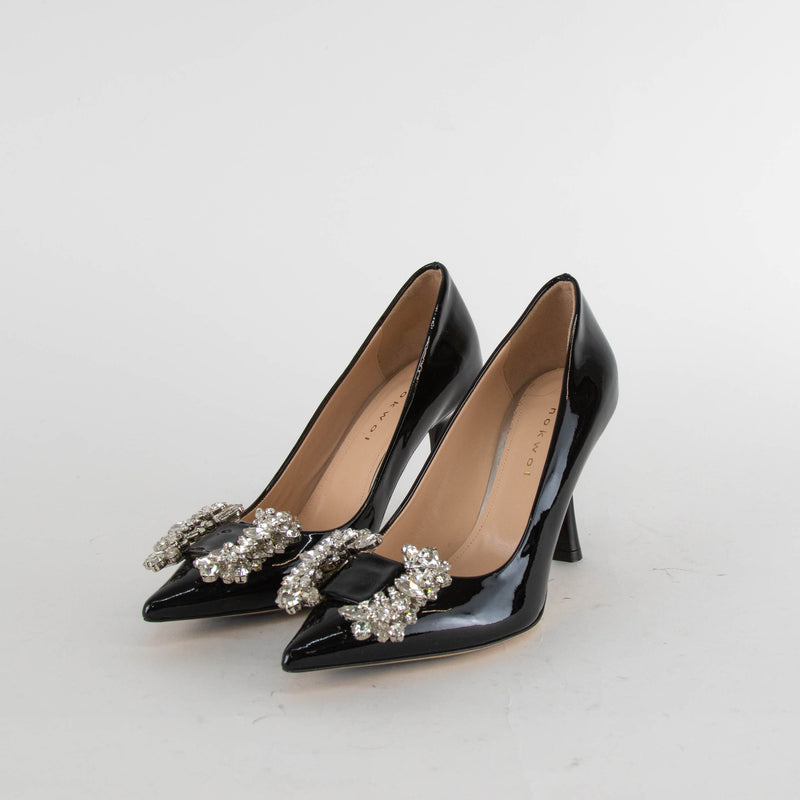 Nokwol Black Patent Pointed Toe Crystal Stilettos