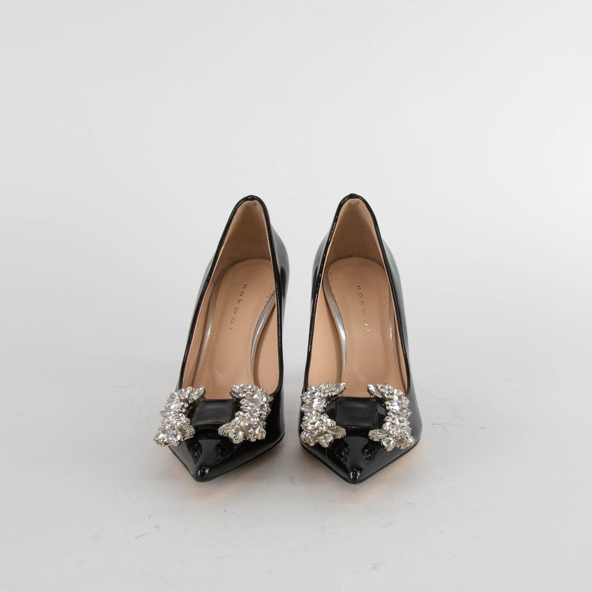 Nokwol Black Patent Pointed Toe Crystal Stilettos