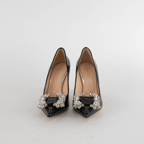 Nokwol Black Patent Pointed Toe Crystal Stilettos