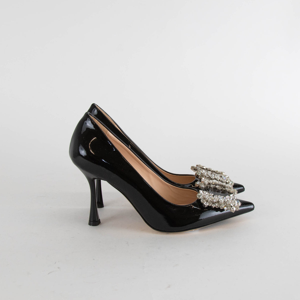 Nokwol Black Patent Pointed Toe Crystal Stilettos