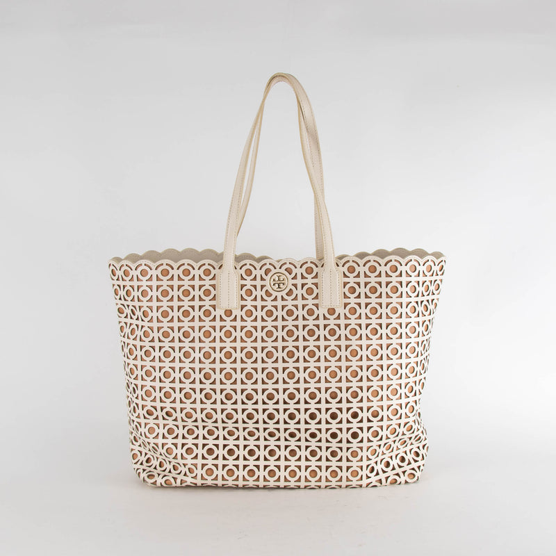 Tory Burch Cream Circle Laser Cut Tote Bag