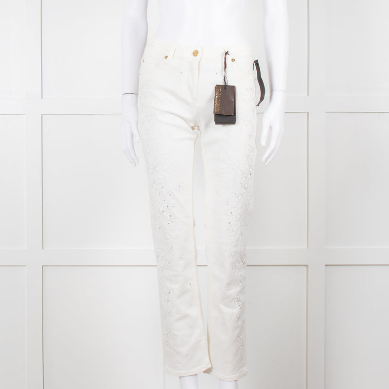 Roberto Cavalli White Cotton Embroidered Jeans