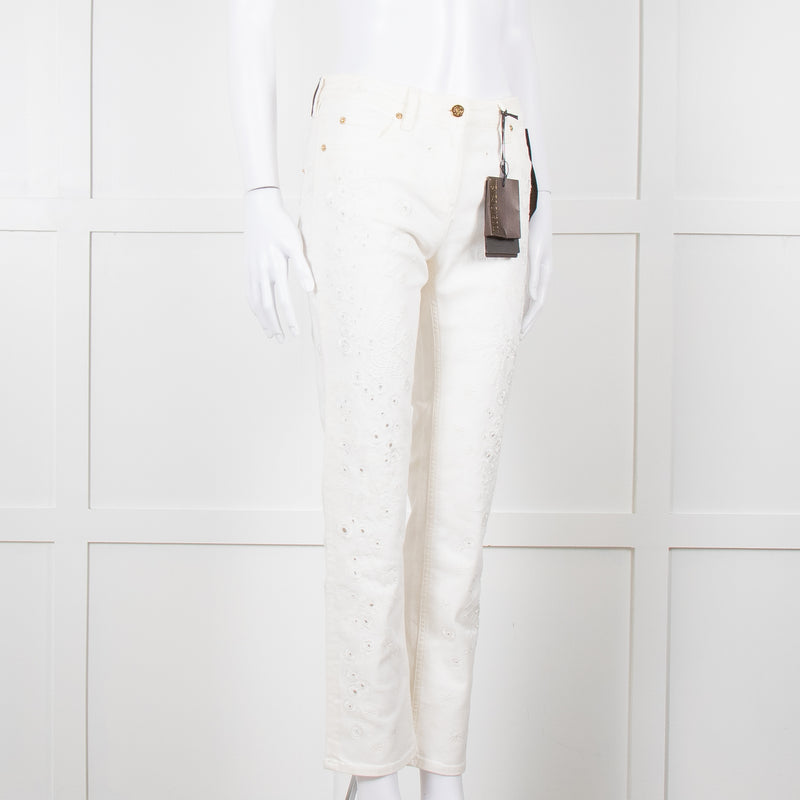 Roberto Cavalli White Cotton Embroidered Jeans