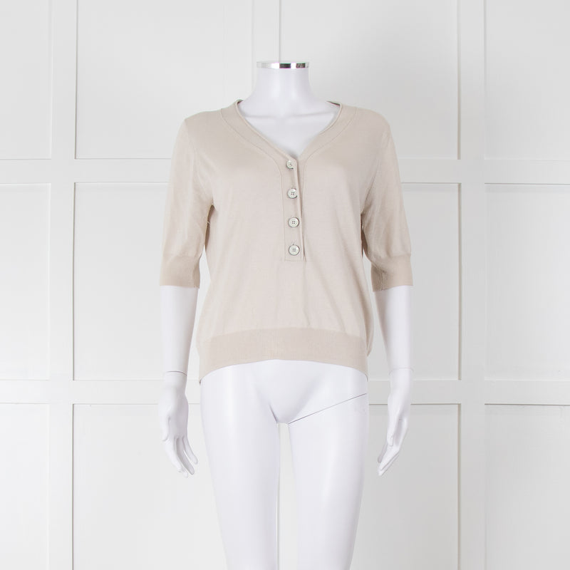 Max Mara Beige V Button Front Short Sleeve Fine Knit Top
