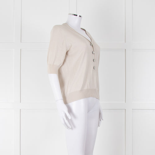 Max Mara Beige V Button Front Short Sleeve Fine Knit Top