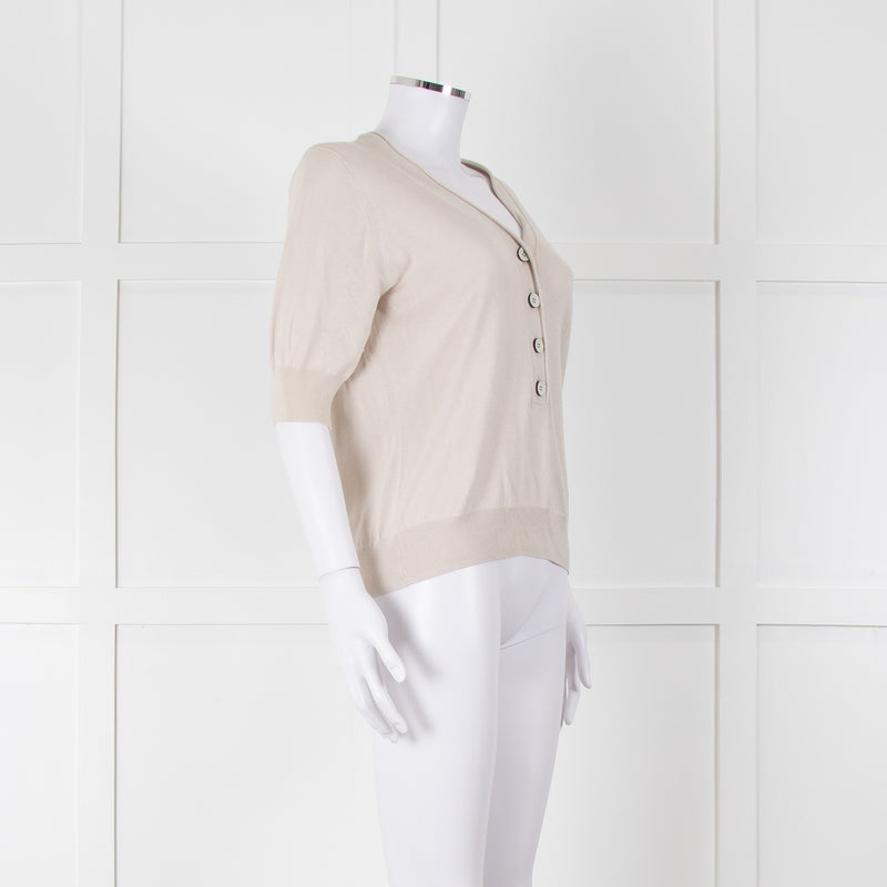 Max Mara Beige V Button Front Short Sleeve Fine Knit Top