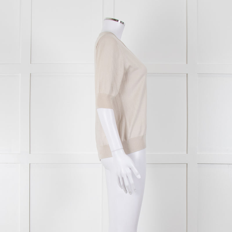Max Mara Beige V Button Front Short Sleeve Fine Knit Top