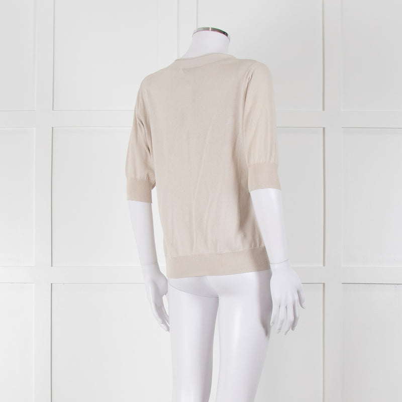 Max Mara Beige V Button Front Short Sleeve Fine Knit Top