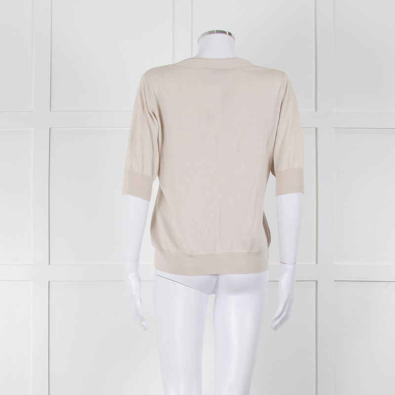 Max Mara Beige V Button Front Short Sleeve Fine Knit Top