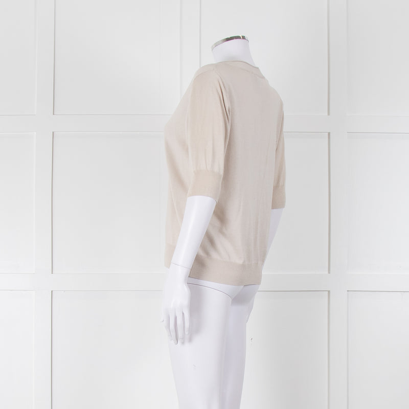 Max Mara Beige V Button Front Short Sleeve Fine Knit Top