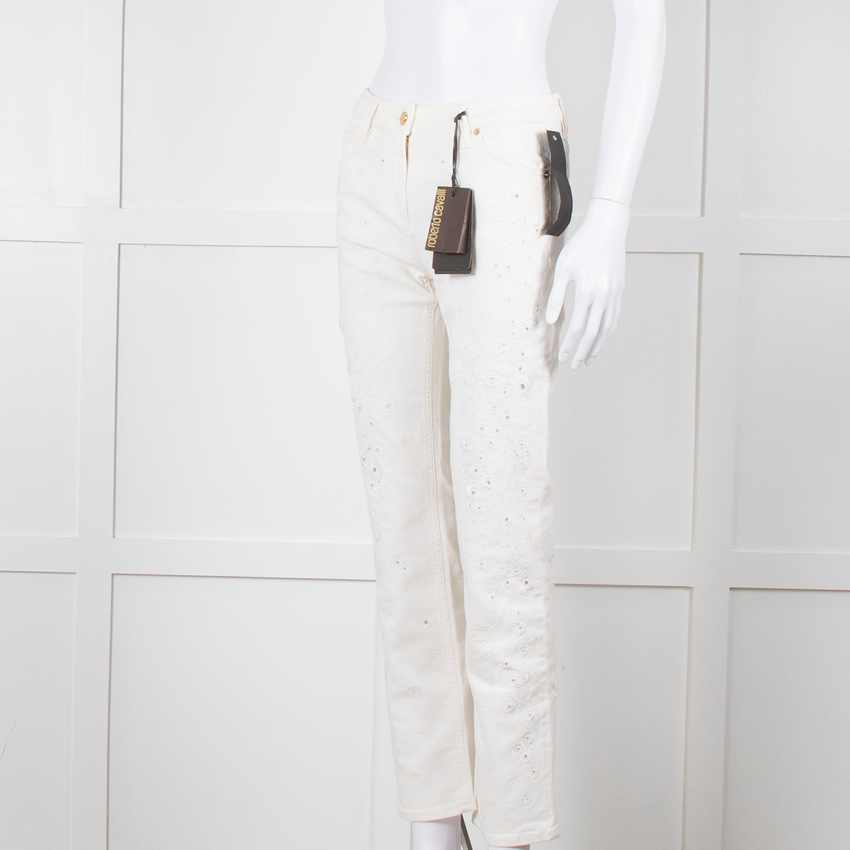 Roberto Cavalli White Cotton Embroidered Jeans