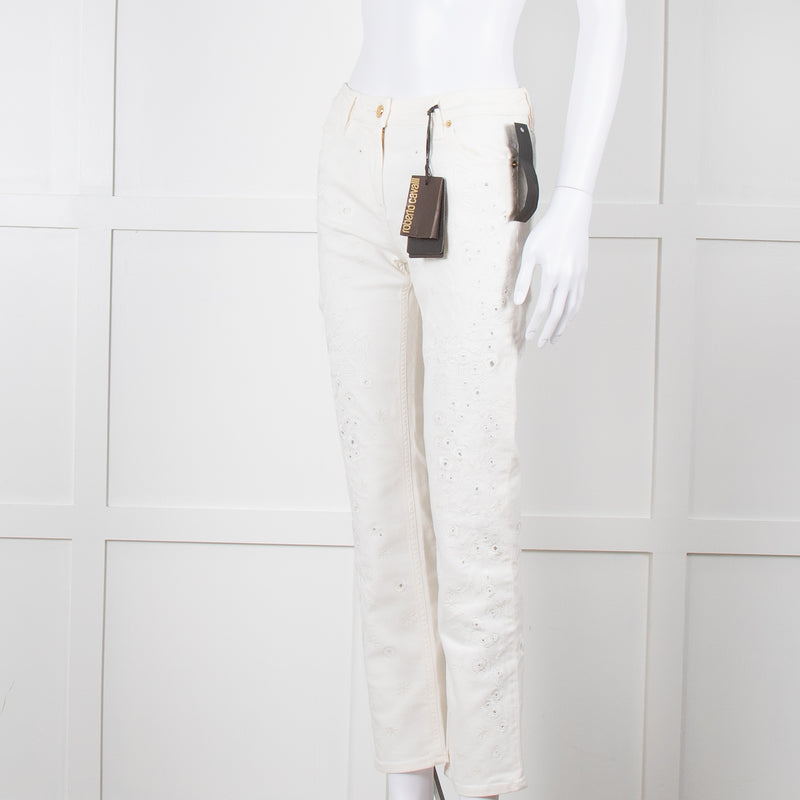 Roberto Cavalli White Cotton Embroidered Jeans