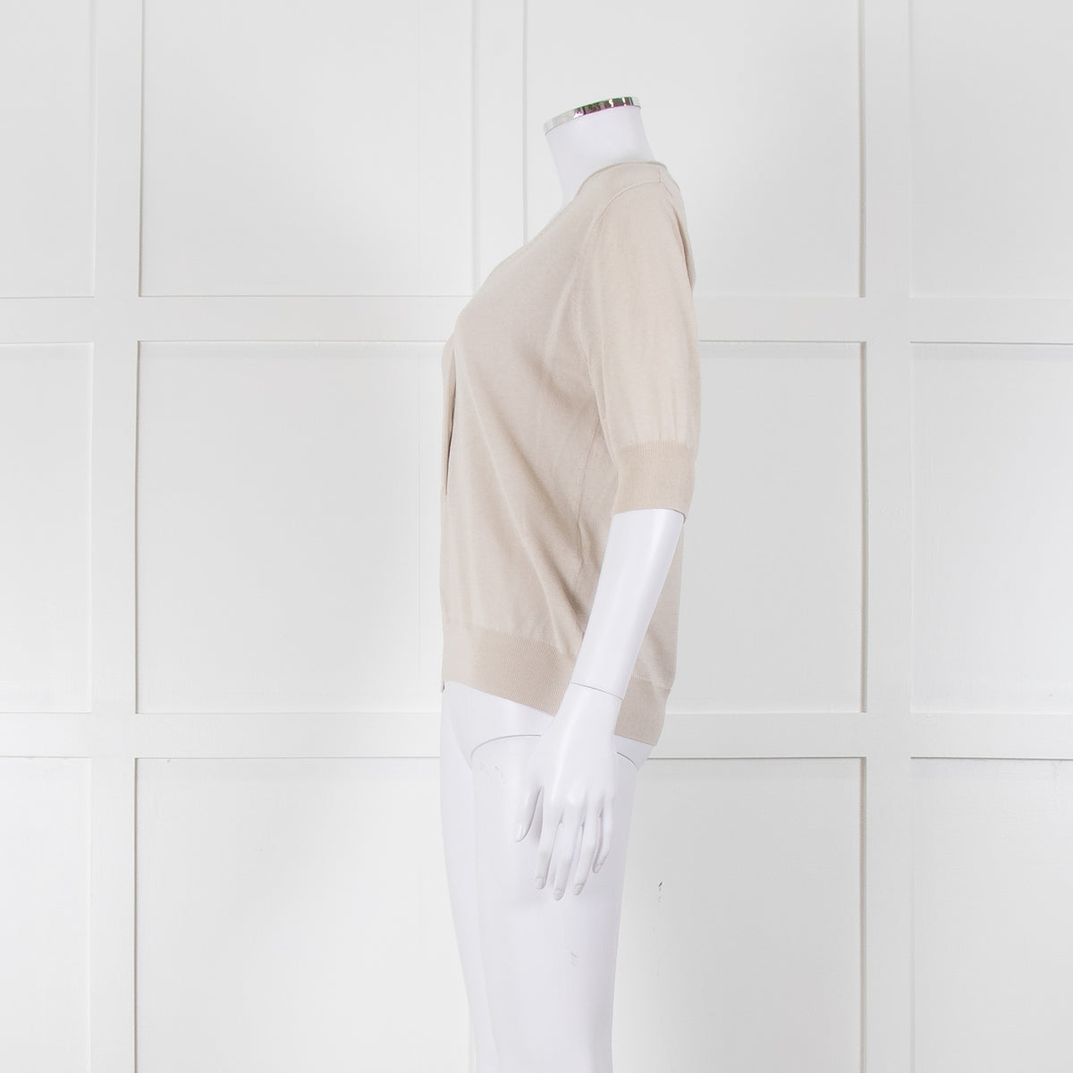 Max Mara Beige V Button Front Short Sleeve Fine Knit Top