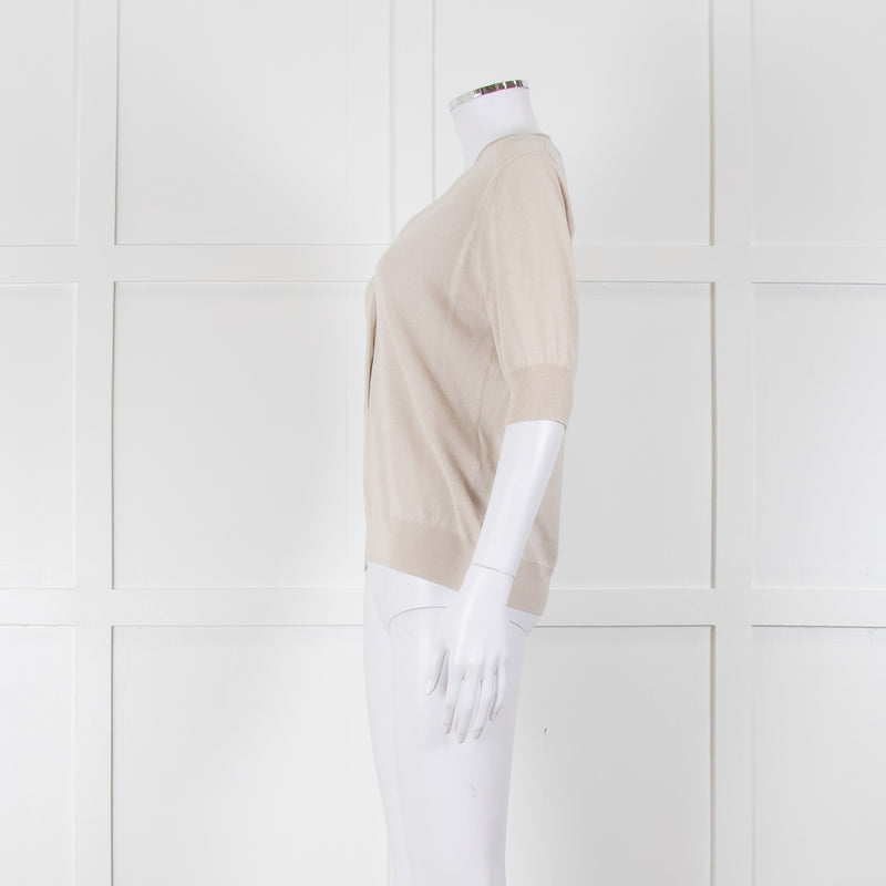 Max Mara Beige V Button Front Short Sleeve Fine Knit Top