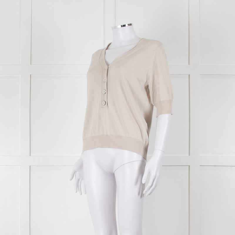 Max Mara Beige V Button Front Short Sleeve Fine Knit Top