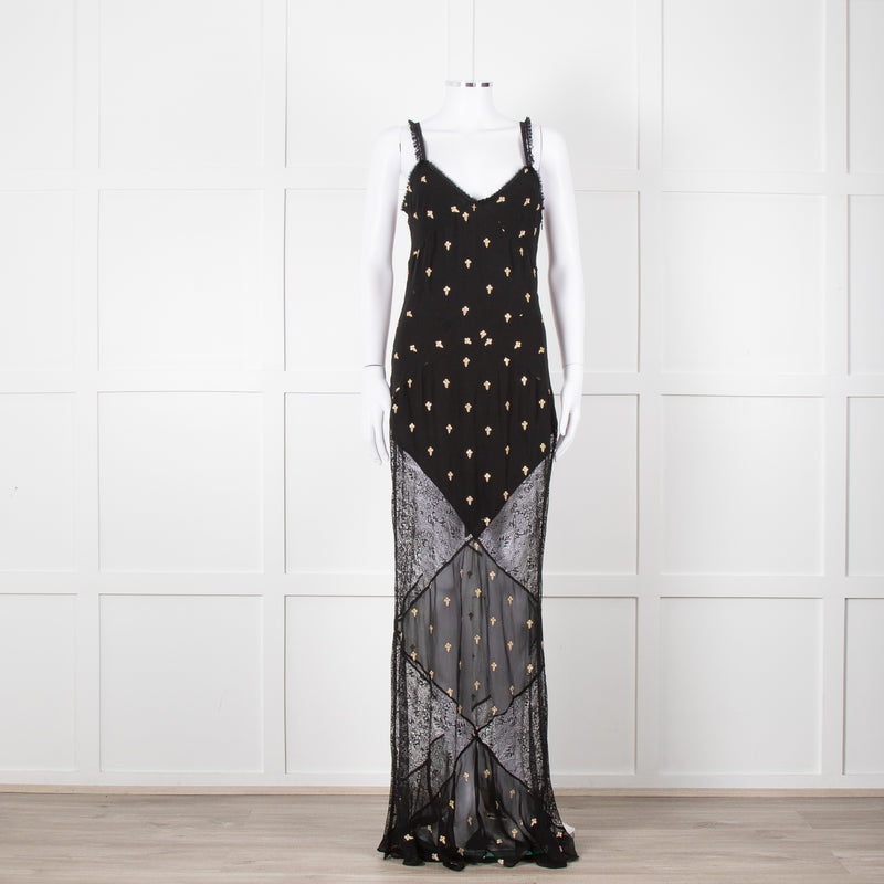 De La Vali Black Chiffon and Lace Gown with Gold Embroidery
