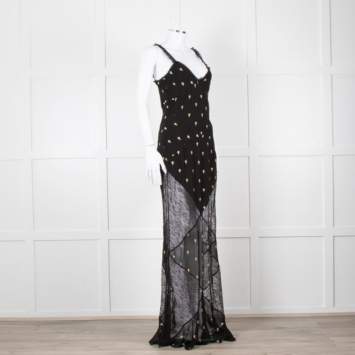De La Vali Black Chiffon and Lace Gown with Gold Embroidery