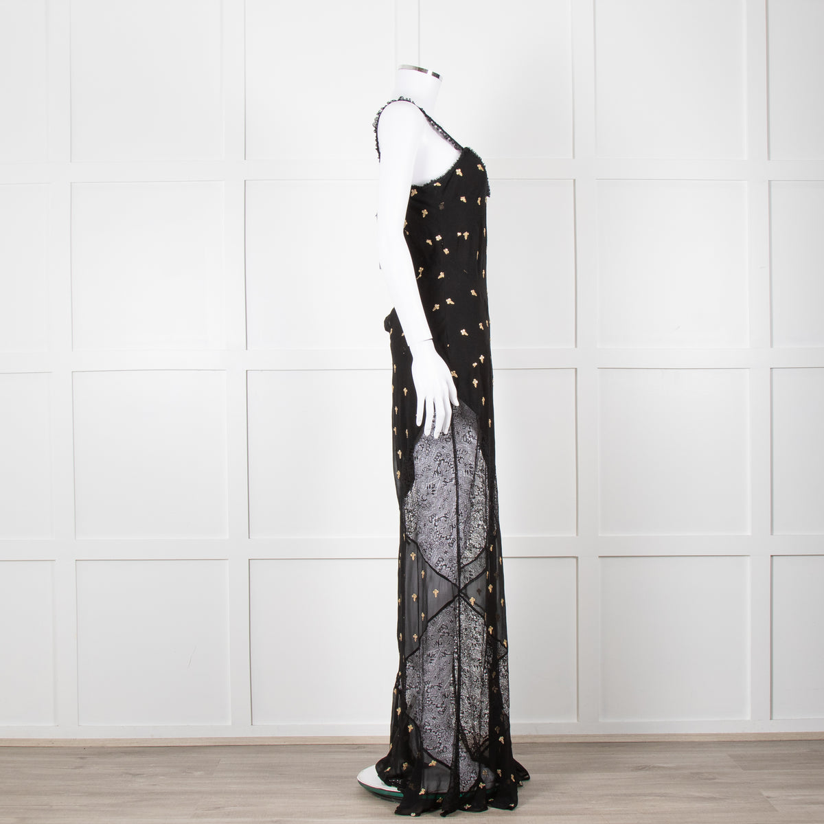 De La Vali Black Chiffon and Lace Gown with Gold Embroidery