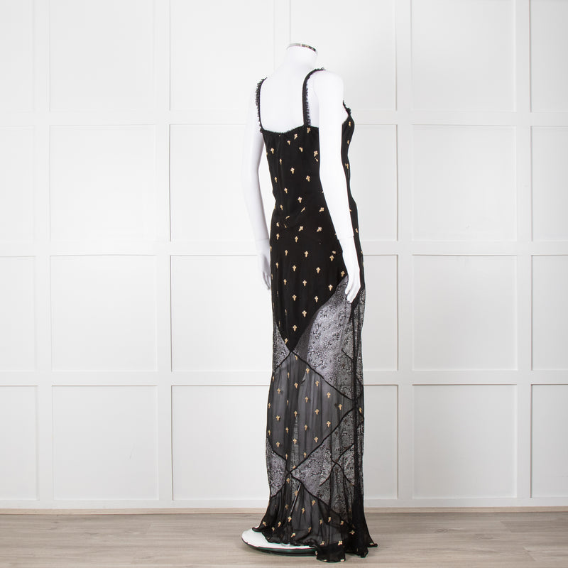 De La Vali Black Chiffon and Lace Gown with Gold Embroidery