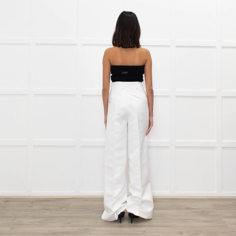 Herve Leger White Silk Tailored Wide Leg Trousers