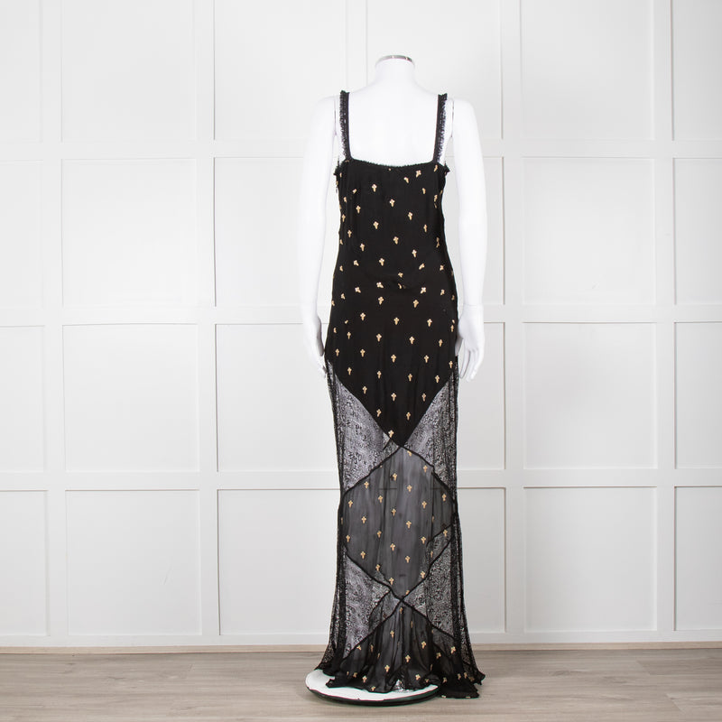 De La Vali Black Chiffon and Lace Gown with Gold Embroidery