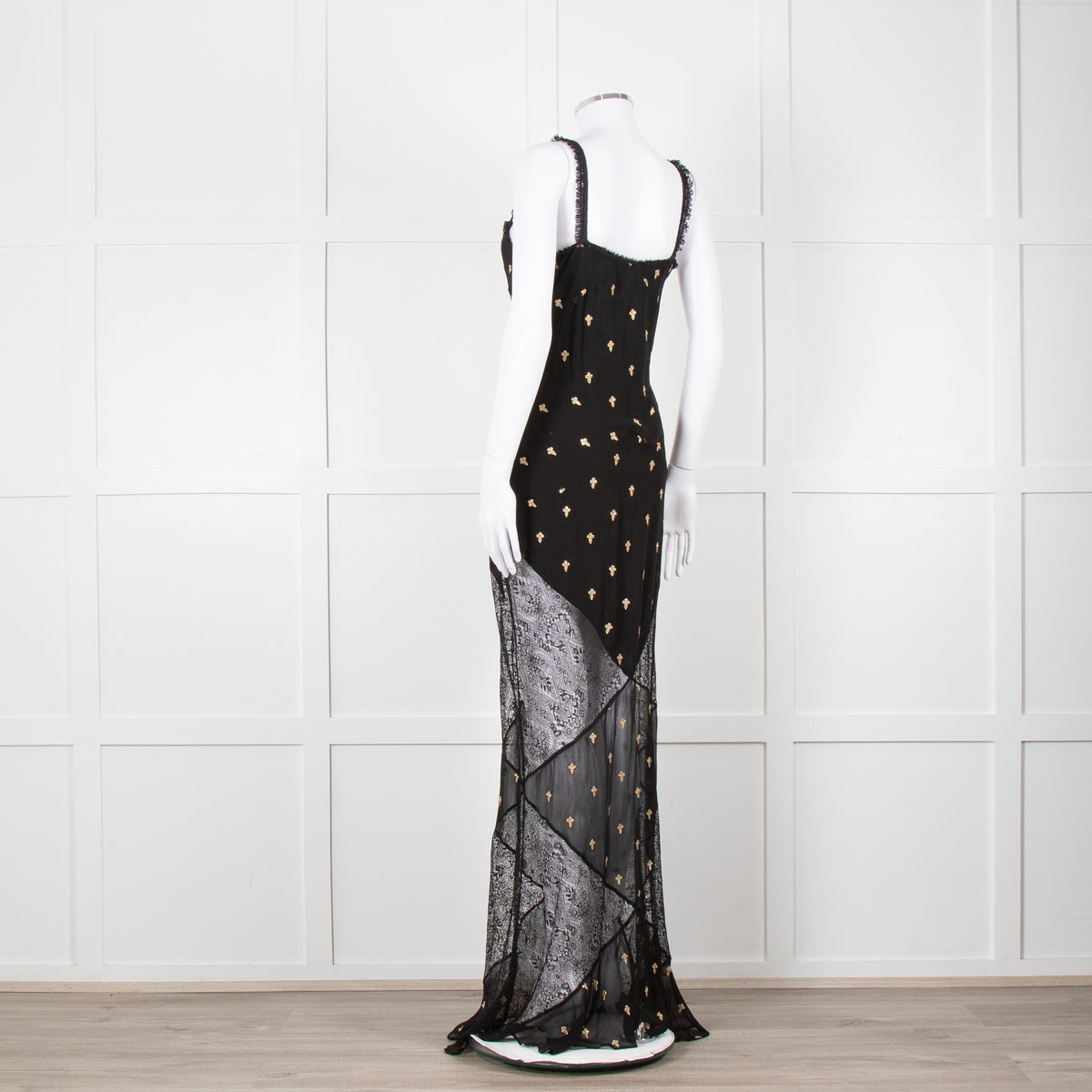 De La Vali Black Chiffon and Lace Gown with Gold Embroidery