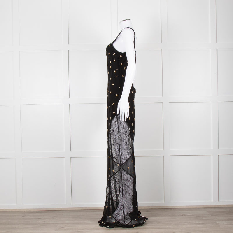 De La Vali Black Chiffon and Lace Gown with Gold Embroidery