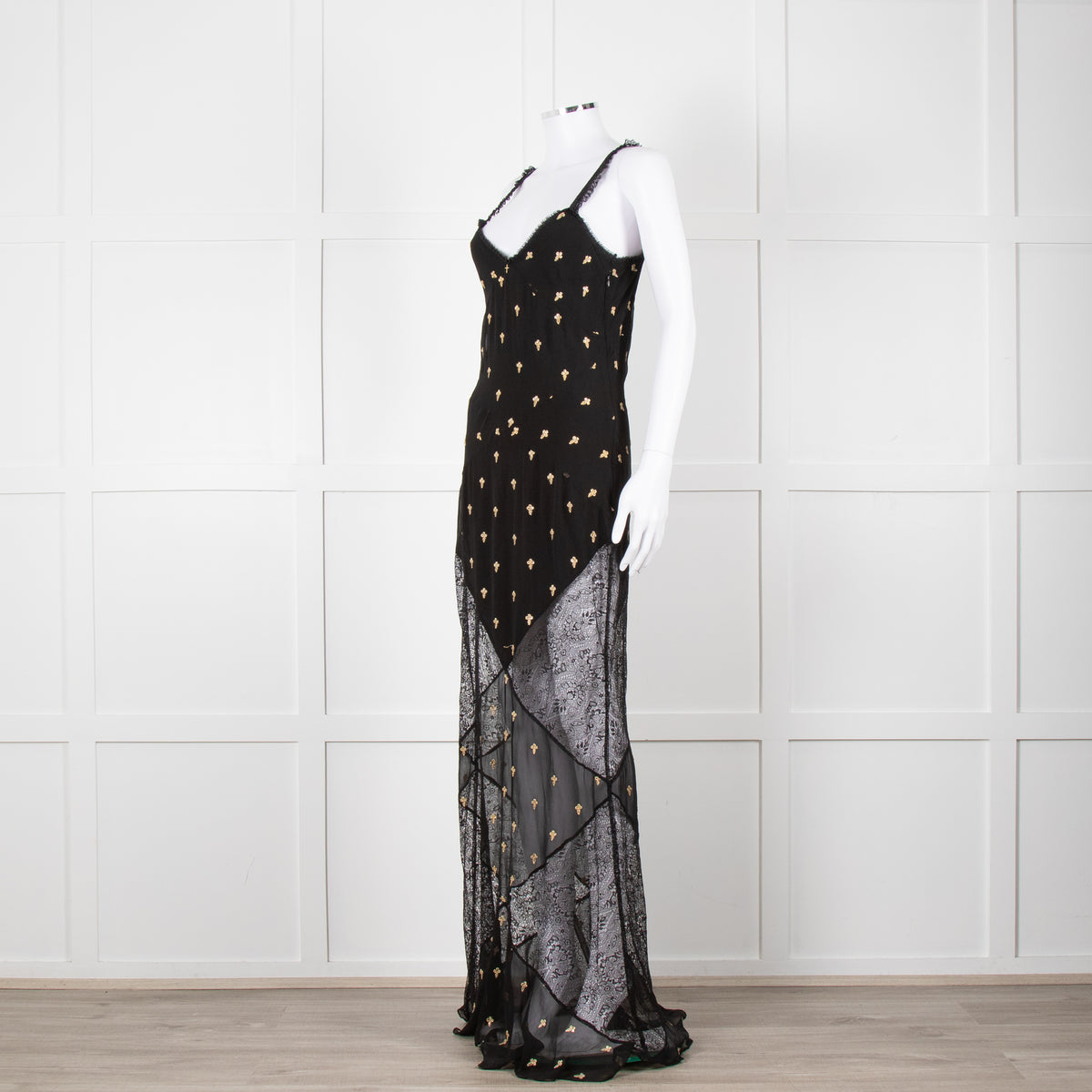 De La Vali Black Chiffon and Lace Gown with Gold Embroidery