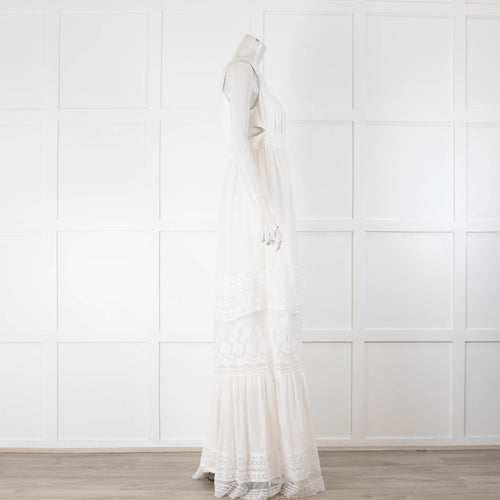 Saloni Naki Pintuck White With Lace Panels Strappy Long Sundress