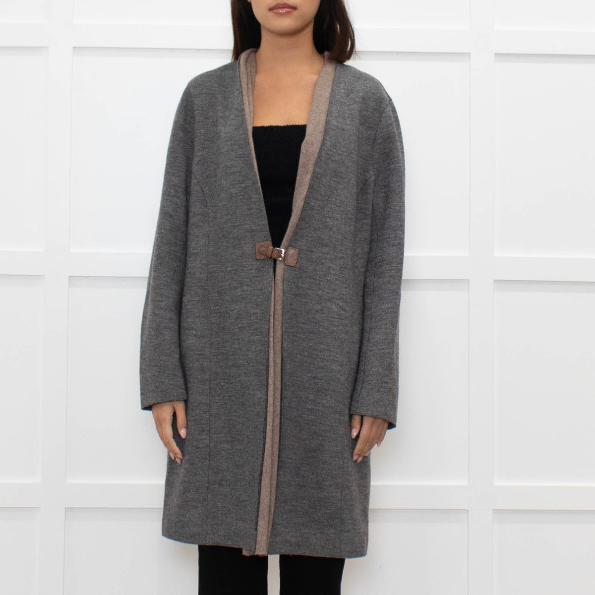 Fabiana Filippi Grey Brown Wool Marl Coat Leather Fastening