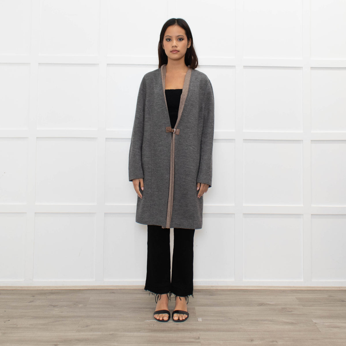 Fabiana Filippi Grey Brown Wool Marl Coat Leather Fastening