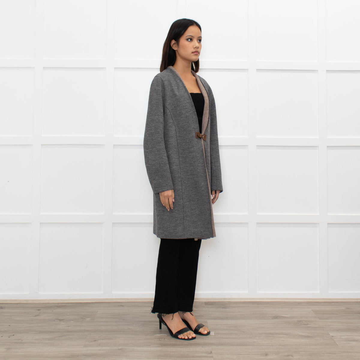 Fabiana Filippi Grey Brown Wool Marl Coat Leather Fastening