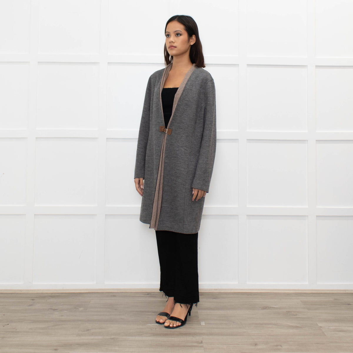 Fabiana Filippi Grey Brown Wool Marl Coat Leather Fastening