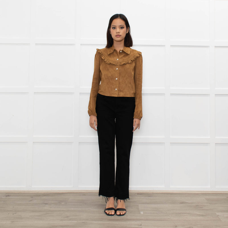 Maje Tan Suede Frill Trim Short Jacket