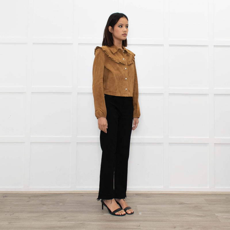 Maje Tan Suede Frill Trim Short Jacket