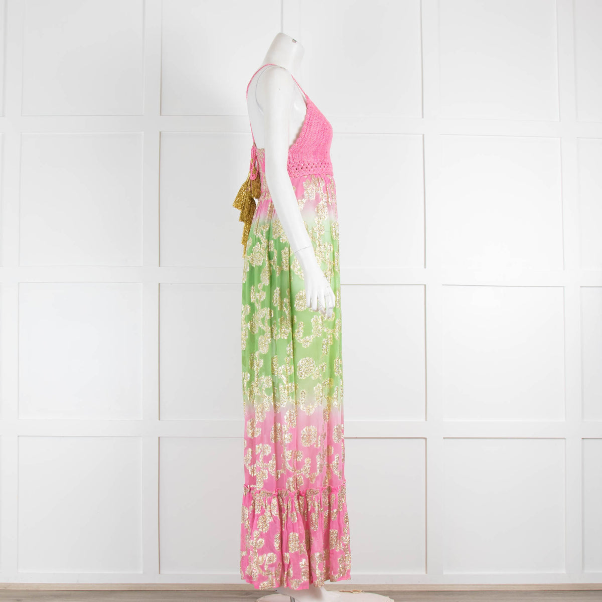Miss June Pink Green Crochet Top Sundress