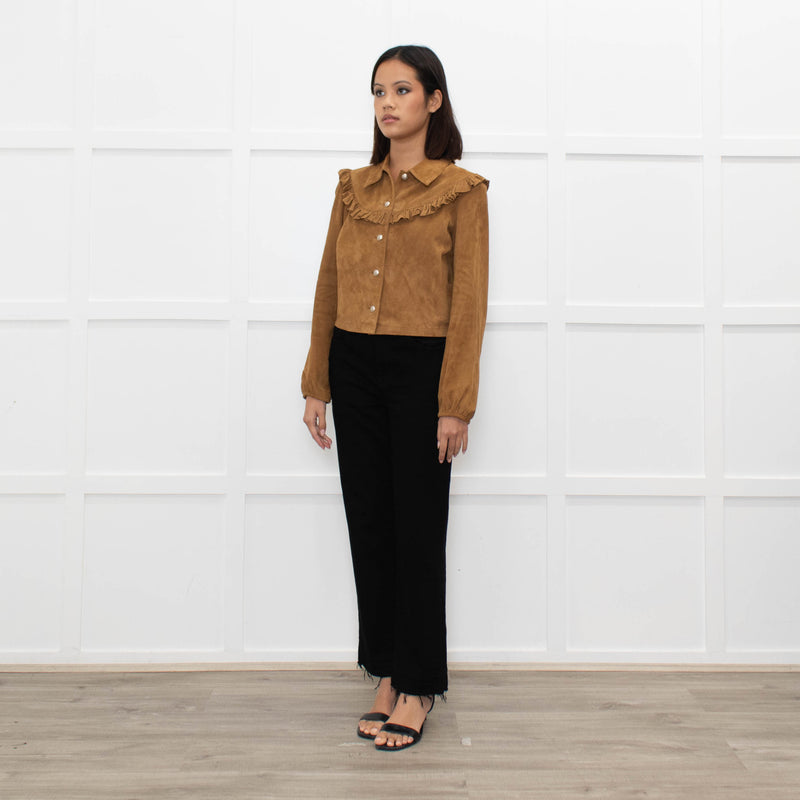 Maje Tan Suede Frill Trim Short Jacket