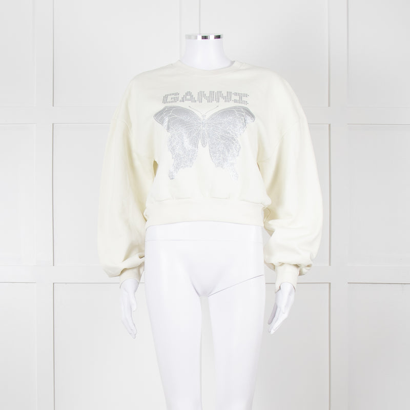 Ganni Ivory Cotton Cropped Sweatshirt With Silver Butterfly Motif