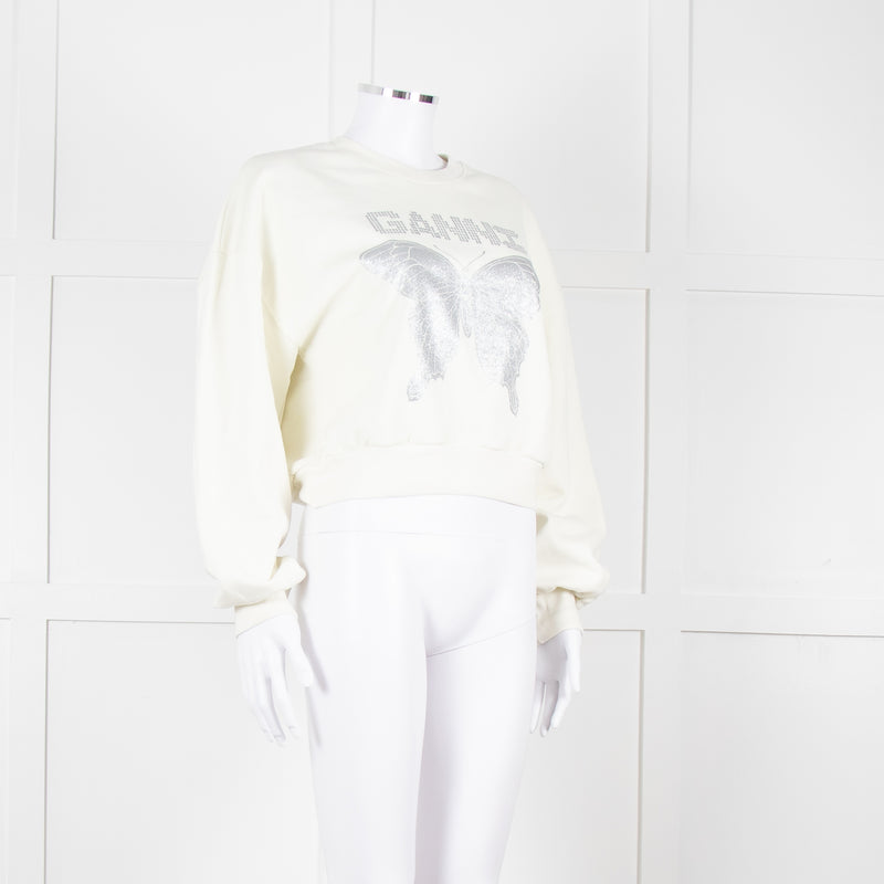 Ganni Ivory Cotton Cropped Sweatshirt With Silver Butterfly Motif